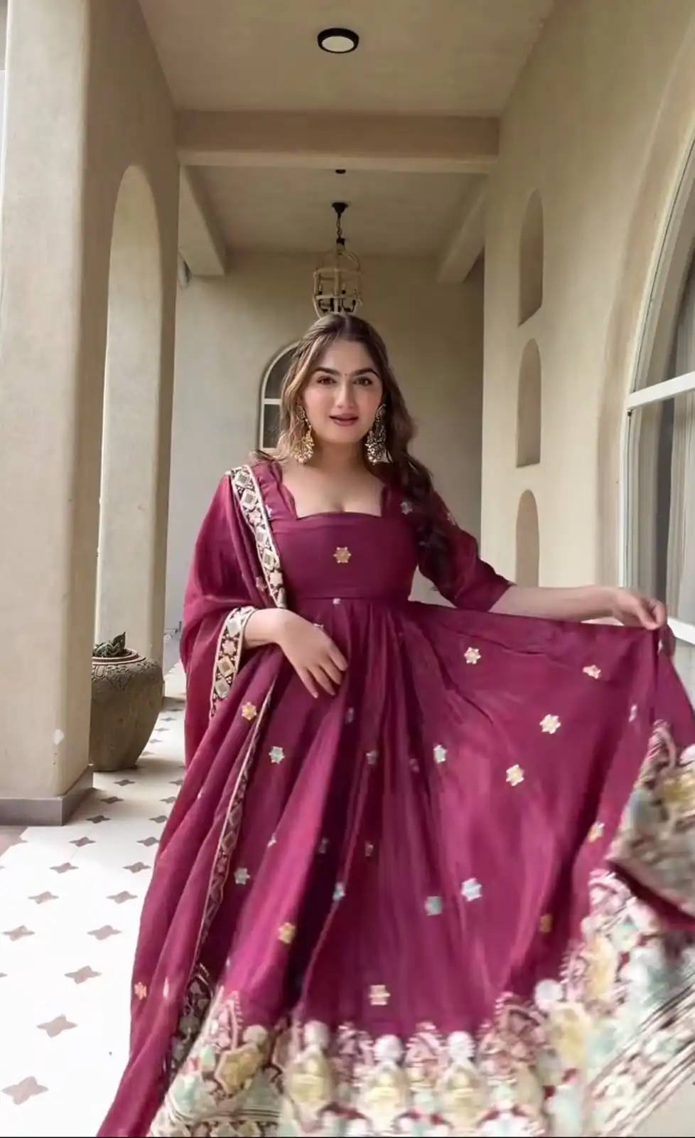 Aglow Red Natural Crep Embroidery Work Anarkali Suit - Image 5