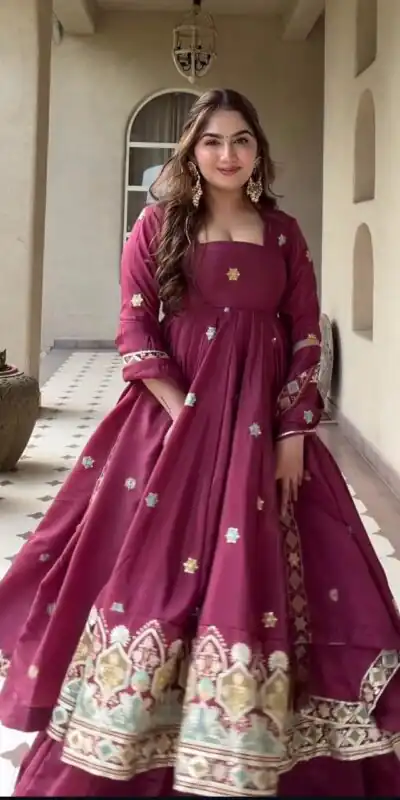 Aglow Red Natural Crep Embroidery Work Anarkali Suit