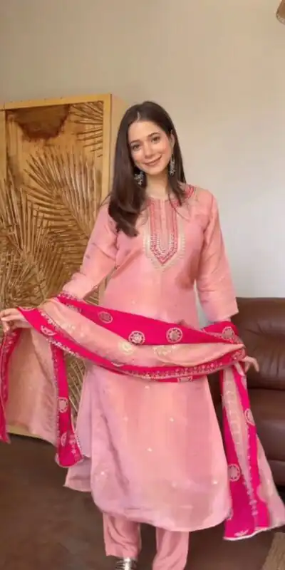 Alluring Pink Chinon Embroidery Work Salwar Suit
