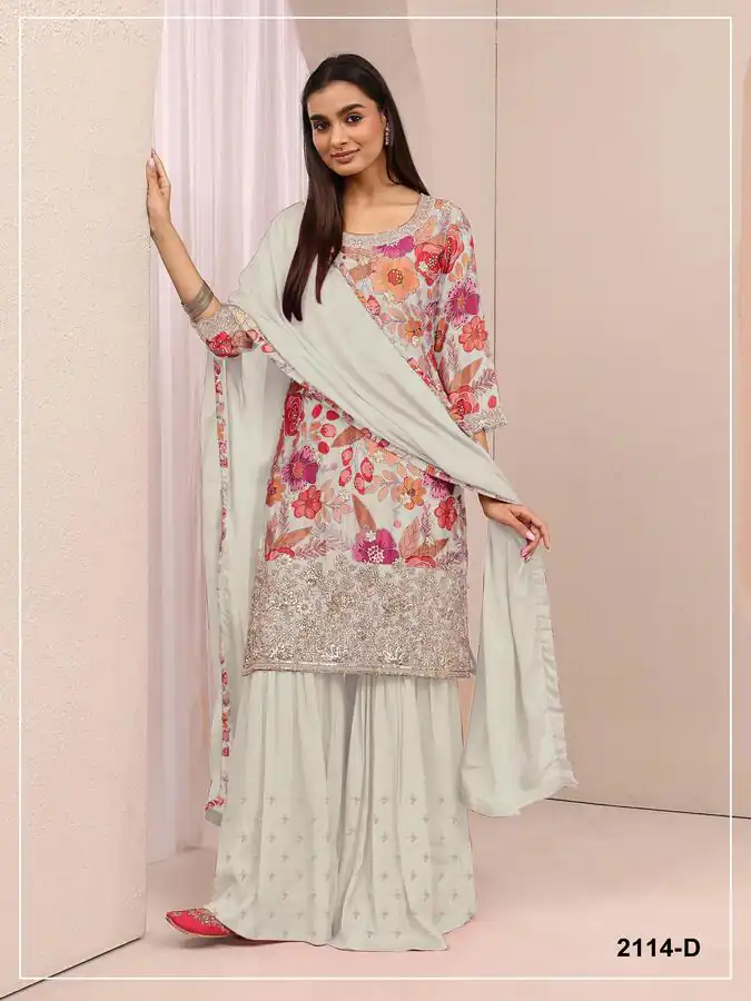 Alluring White Chinon Embroidery Work Print Salwar Suit
