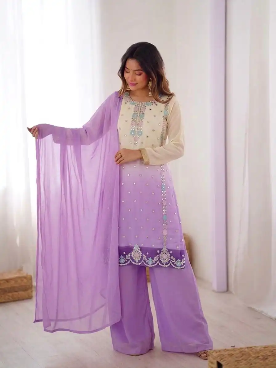 Amazing Lavender Faux Georgette Embroider Work Salwar Suit - Image 3