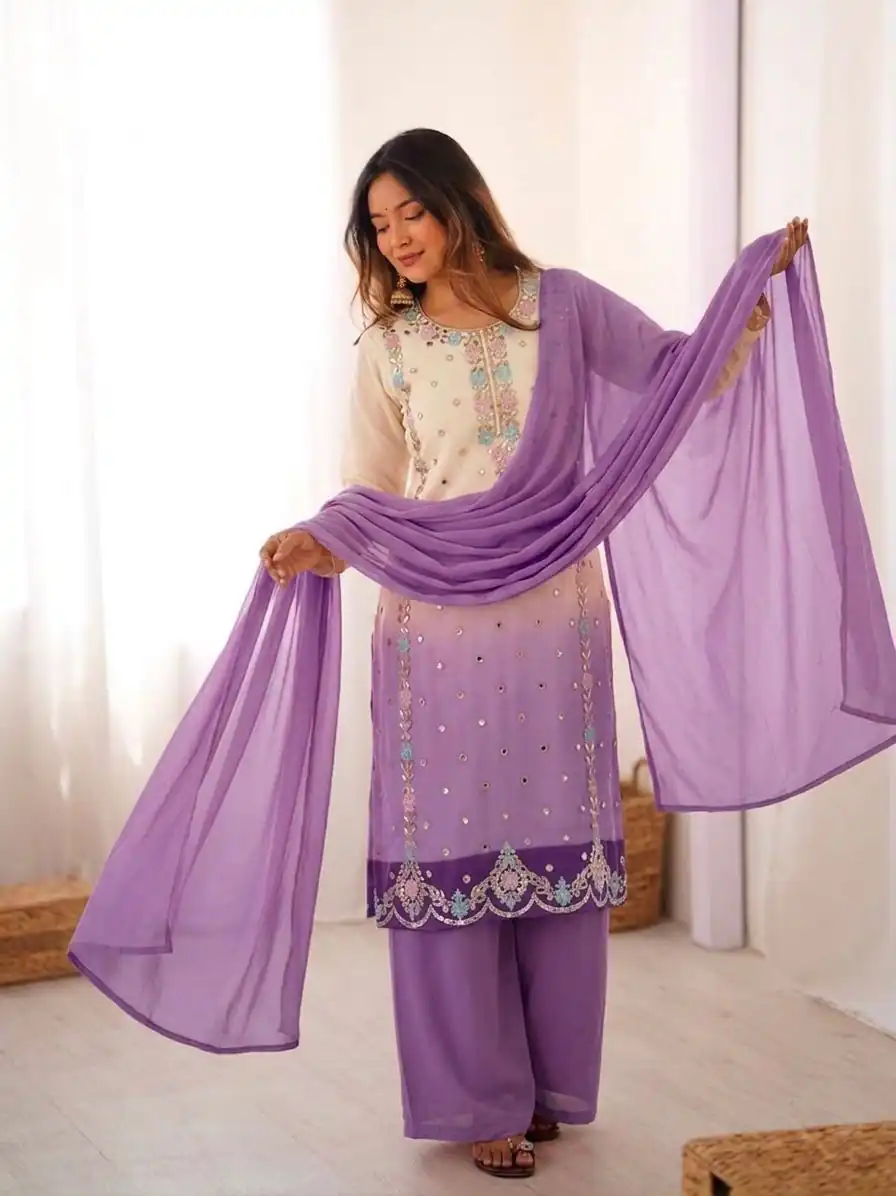 Amazing Lavender Faux Georgette Embroider Work Salwar Suit - Image 2