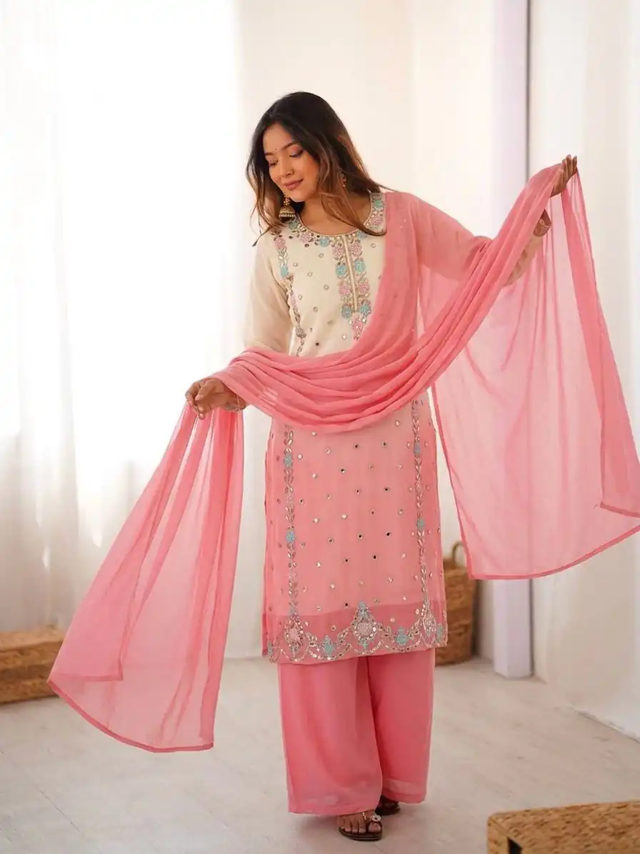 Amazing Pink Faux Georgette Embroider Work Salwar Suit - Image 5