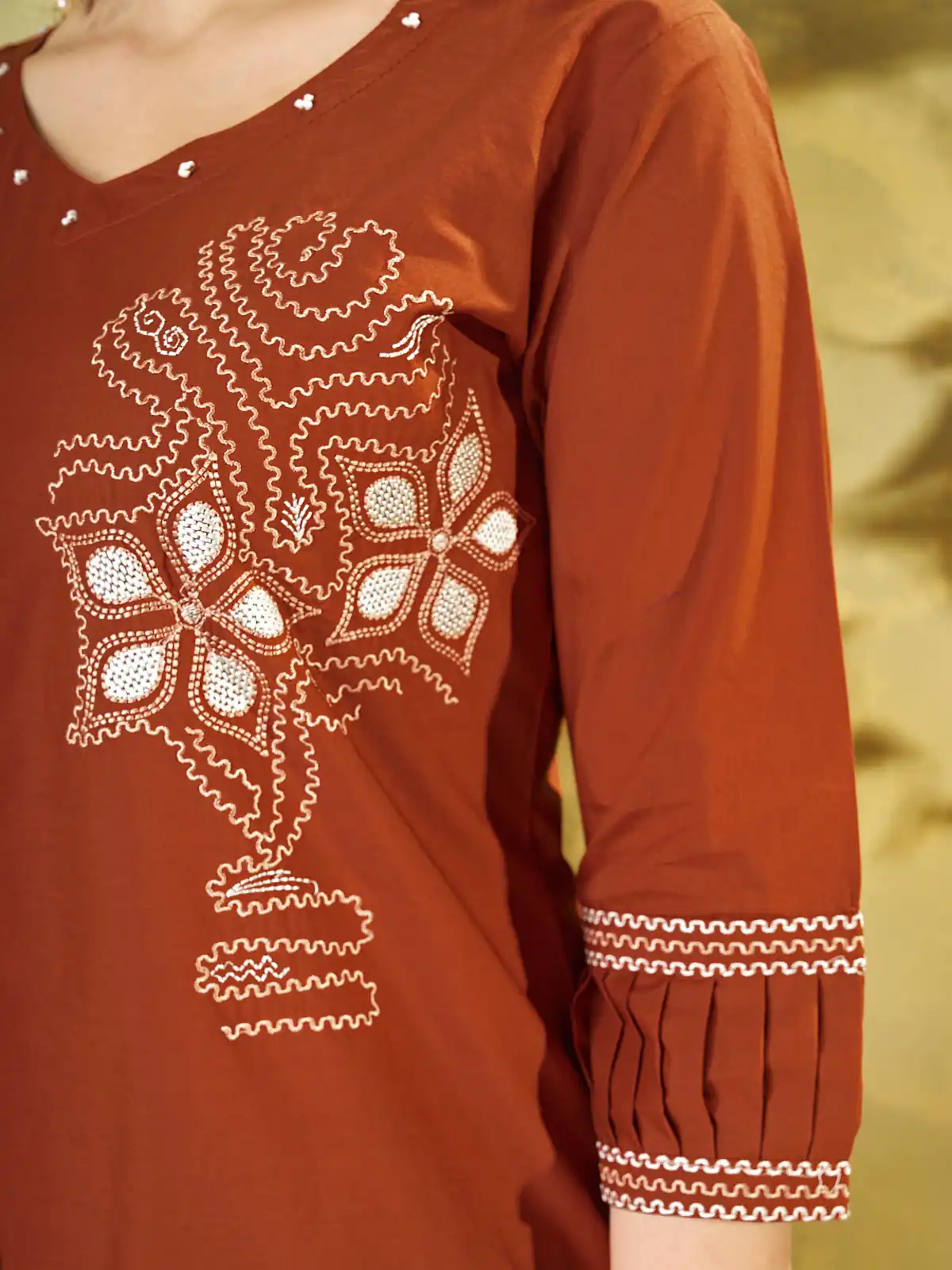 Beautiful Rust Pure Cotton Multi Thread Work Kurti - Image 4