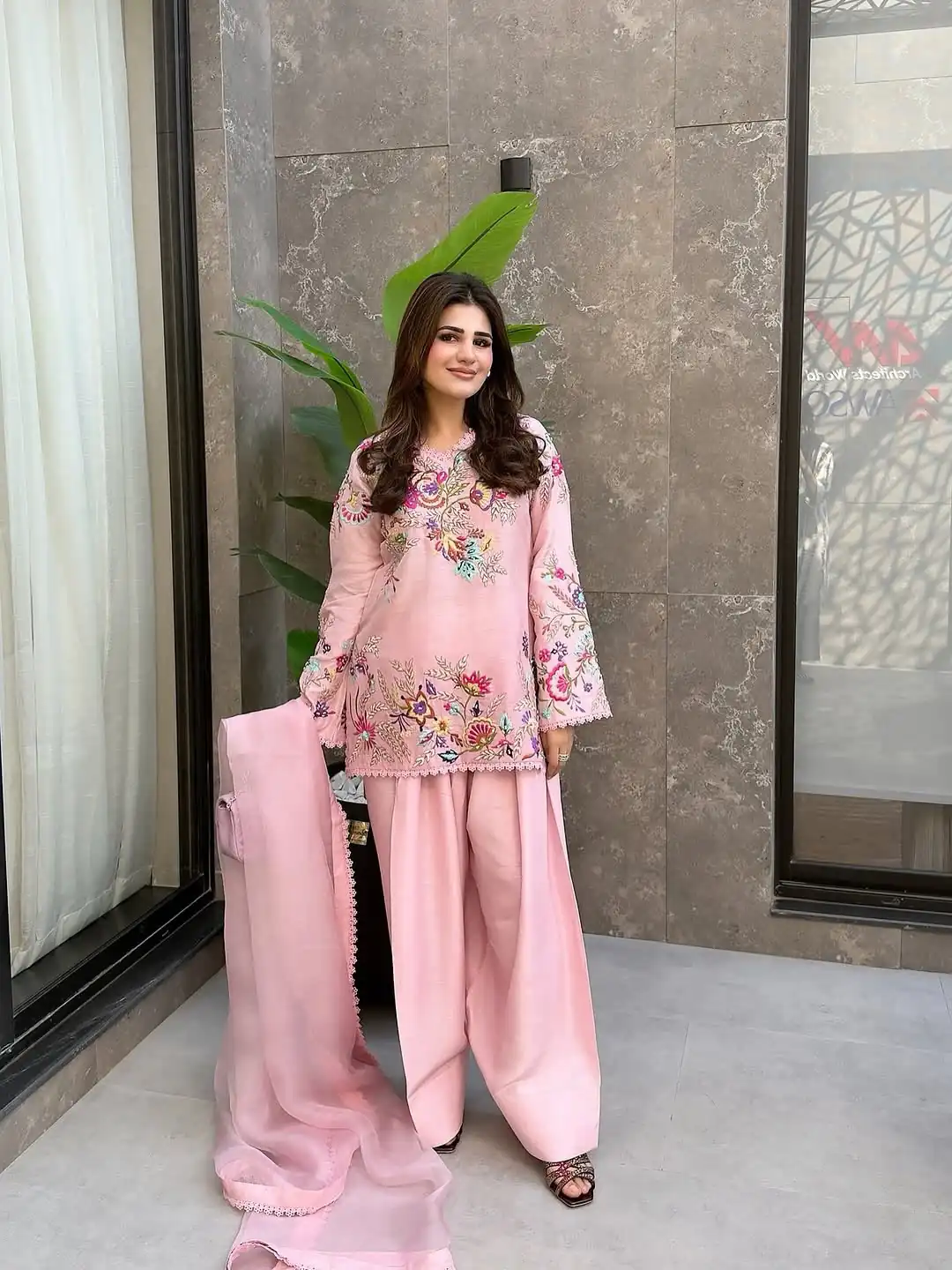 Classic Pink Organza Embroidery Work Salwar Suit - Image 2