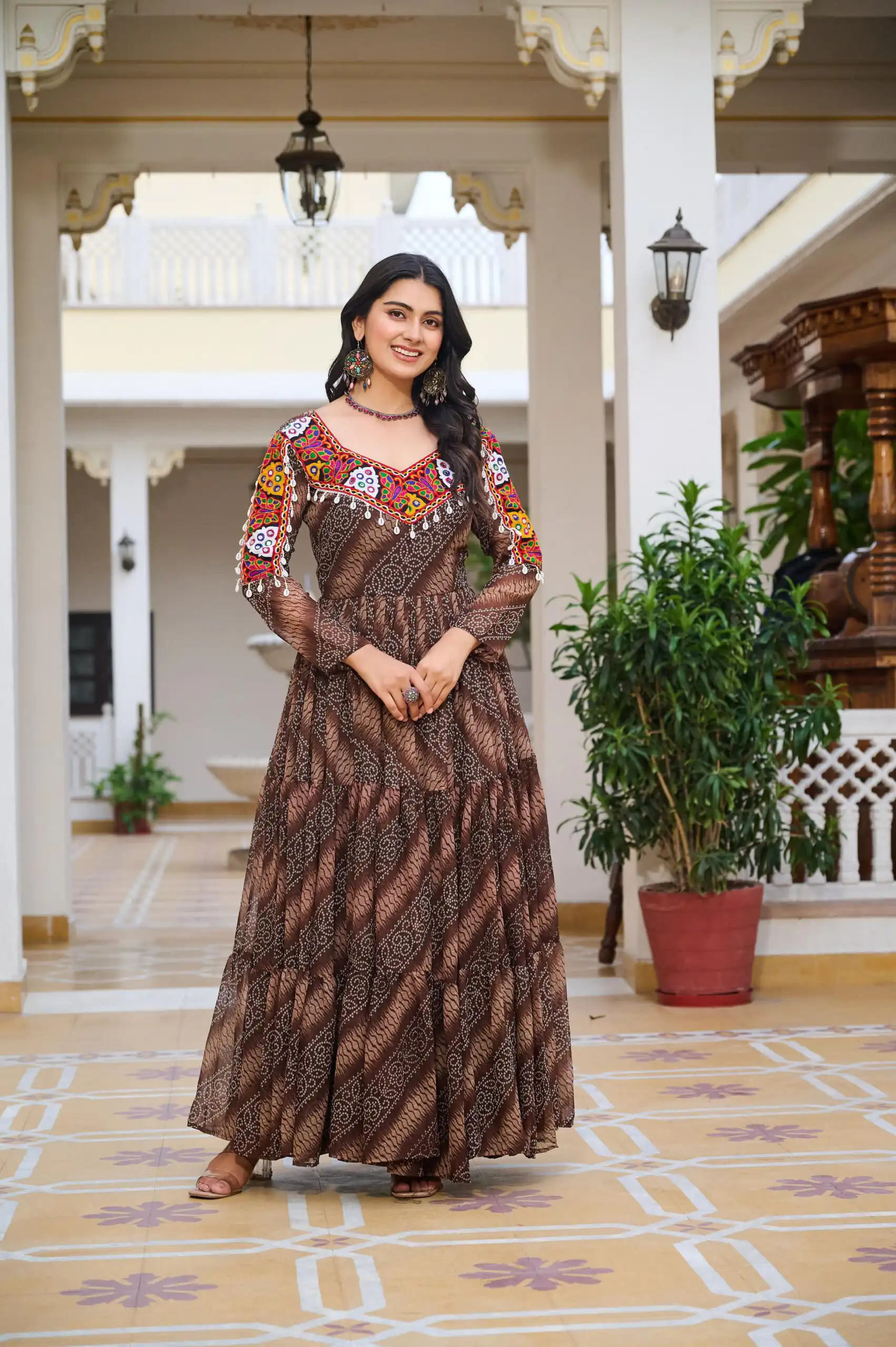 Cool Brown Faux Georgette Mirror Work Gown