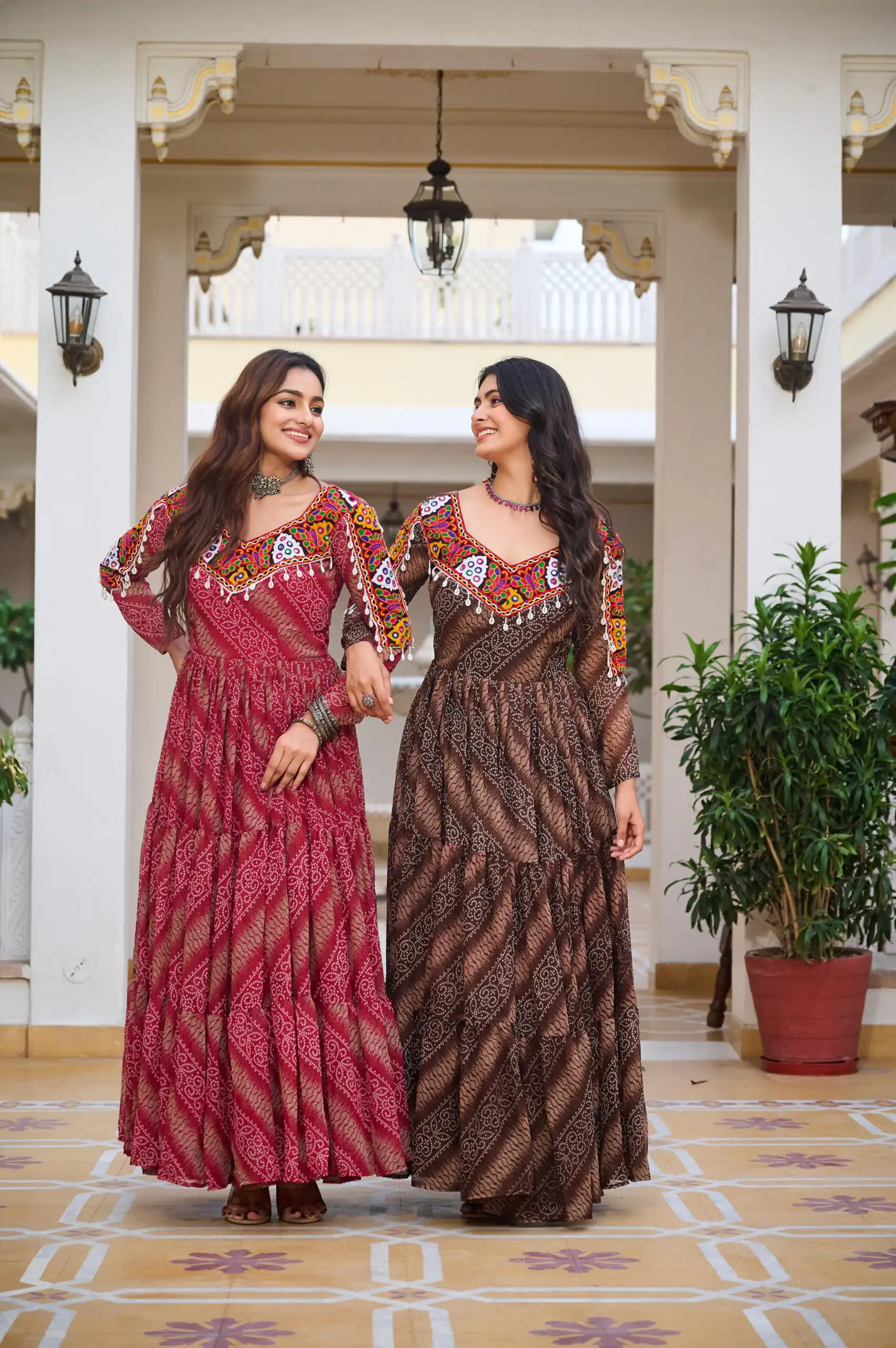 Cool Brown Faux Georgette Mirror Work Gown - Image 6