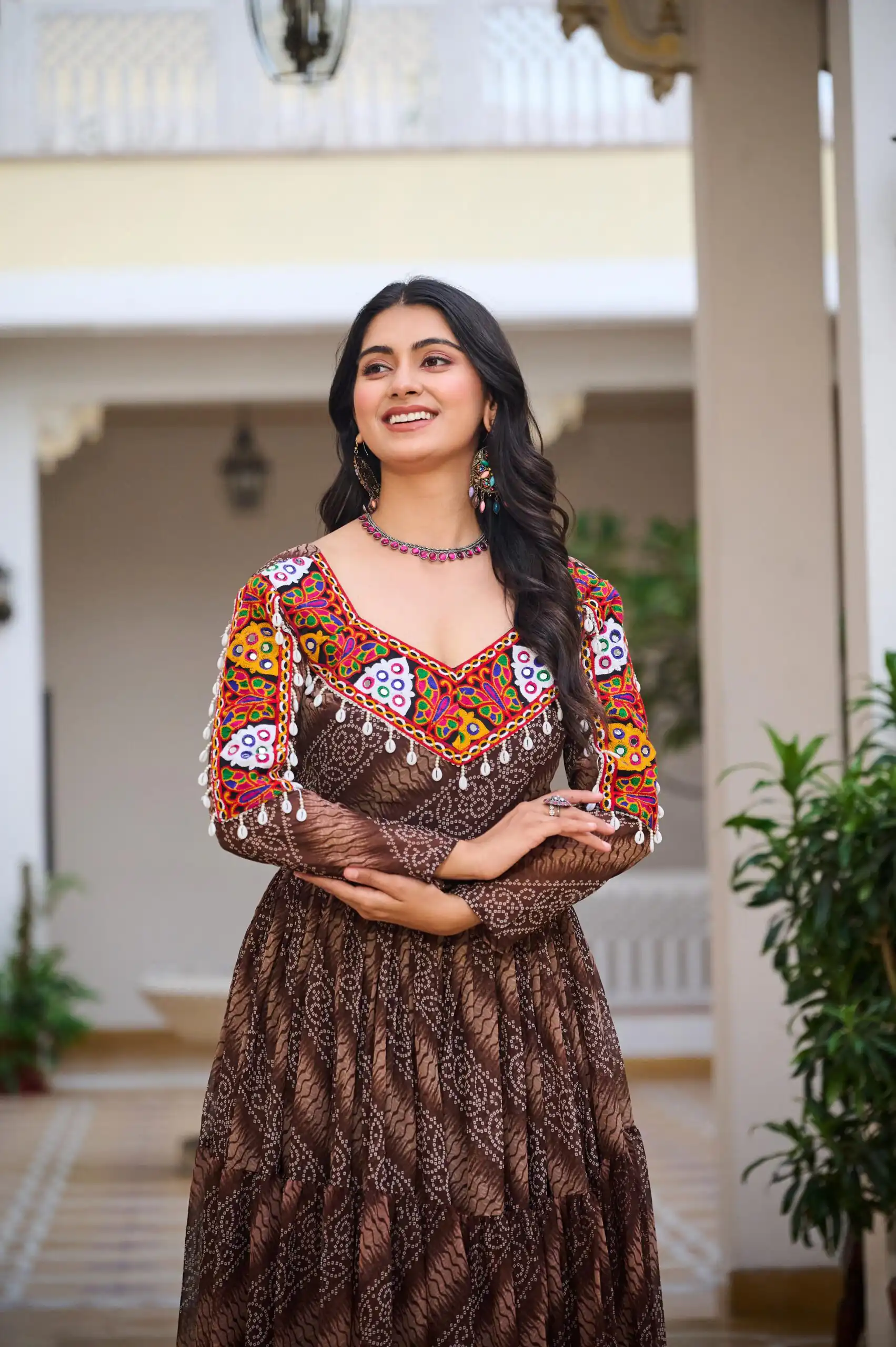 Cool Brown Faux Georgette Mirror Work Gown - Image 3