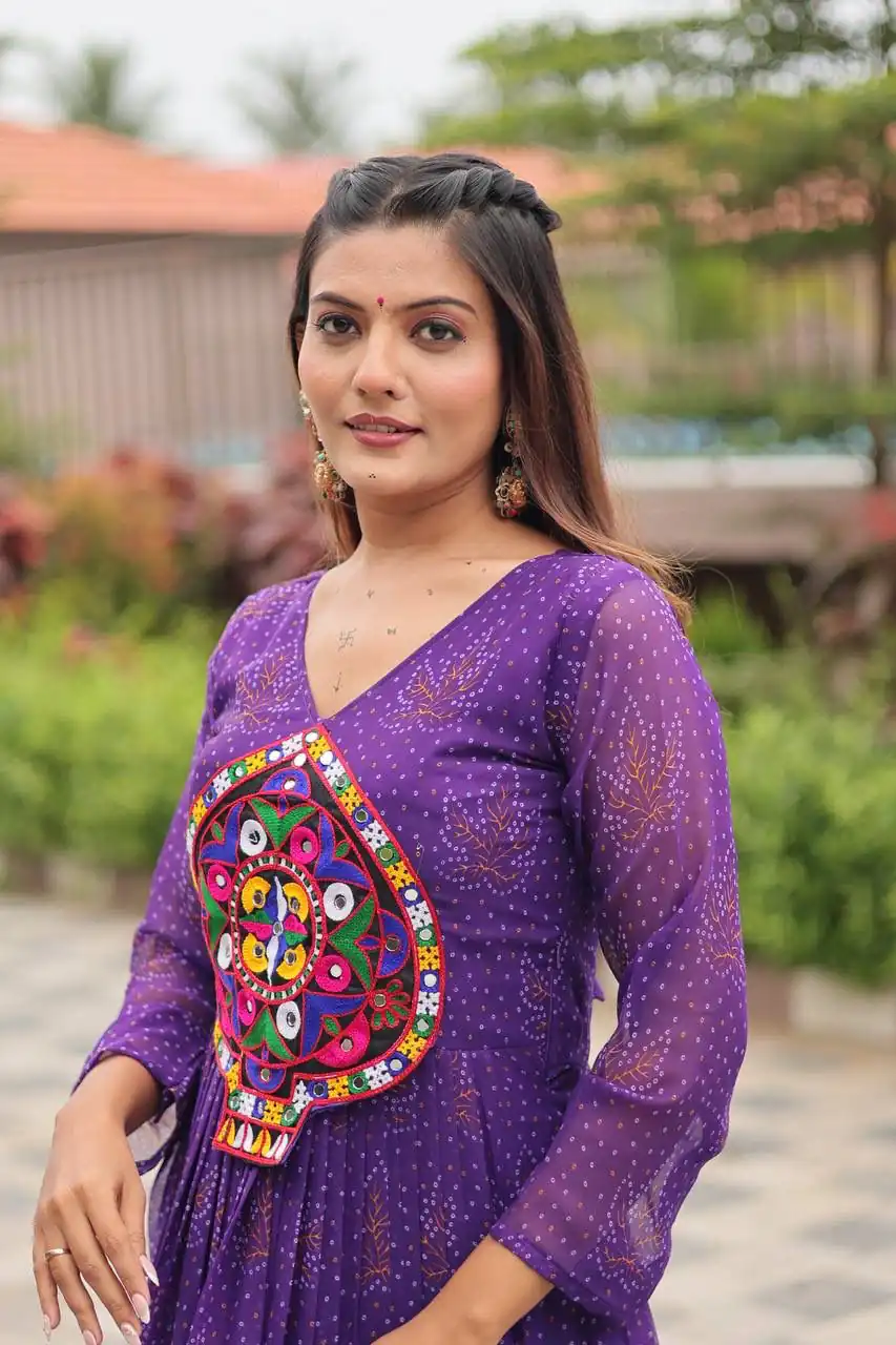 Cool Purple Faux Georgette Gamathi Work Gown - Image 4