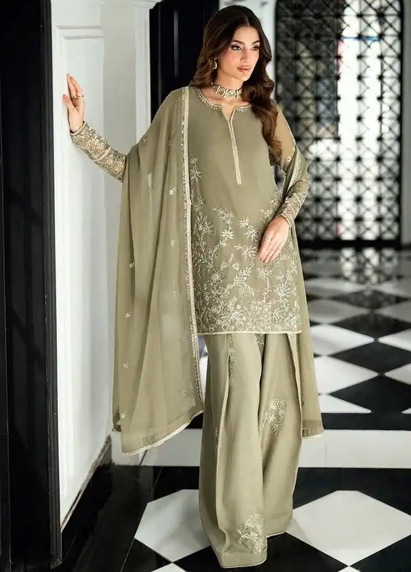 Cool Sage Green Faux Georgette Sequence Work Salwar Suit - Image 2