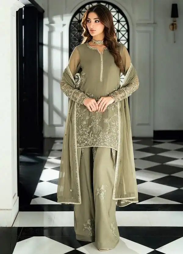 Cool Sage Green Faux Georgette Sequence Work Salwar Suit