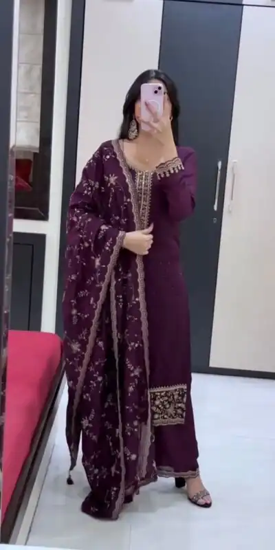 Cool Wine Georgette Embroidery Work Salwar Suit