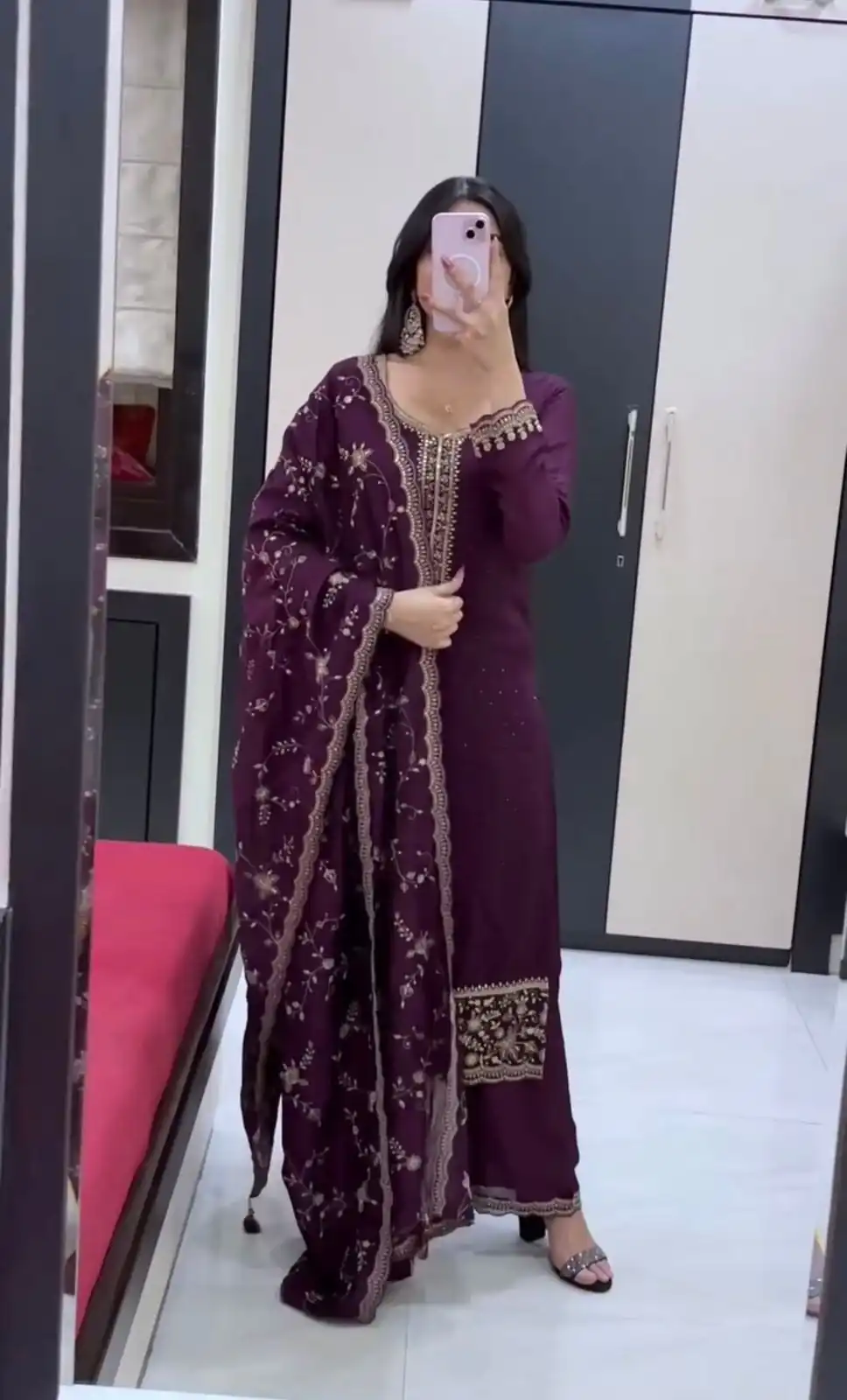 Cool Wine Georgette Embroidery Work Salwar Suit