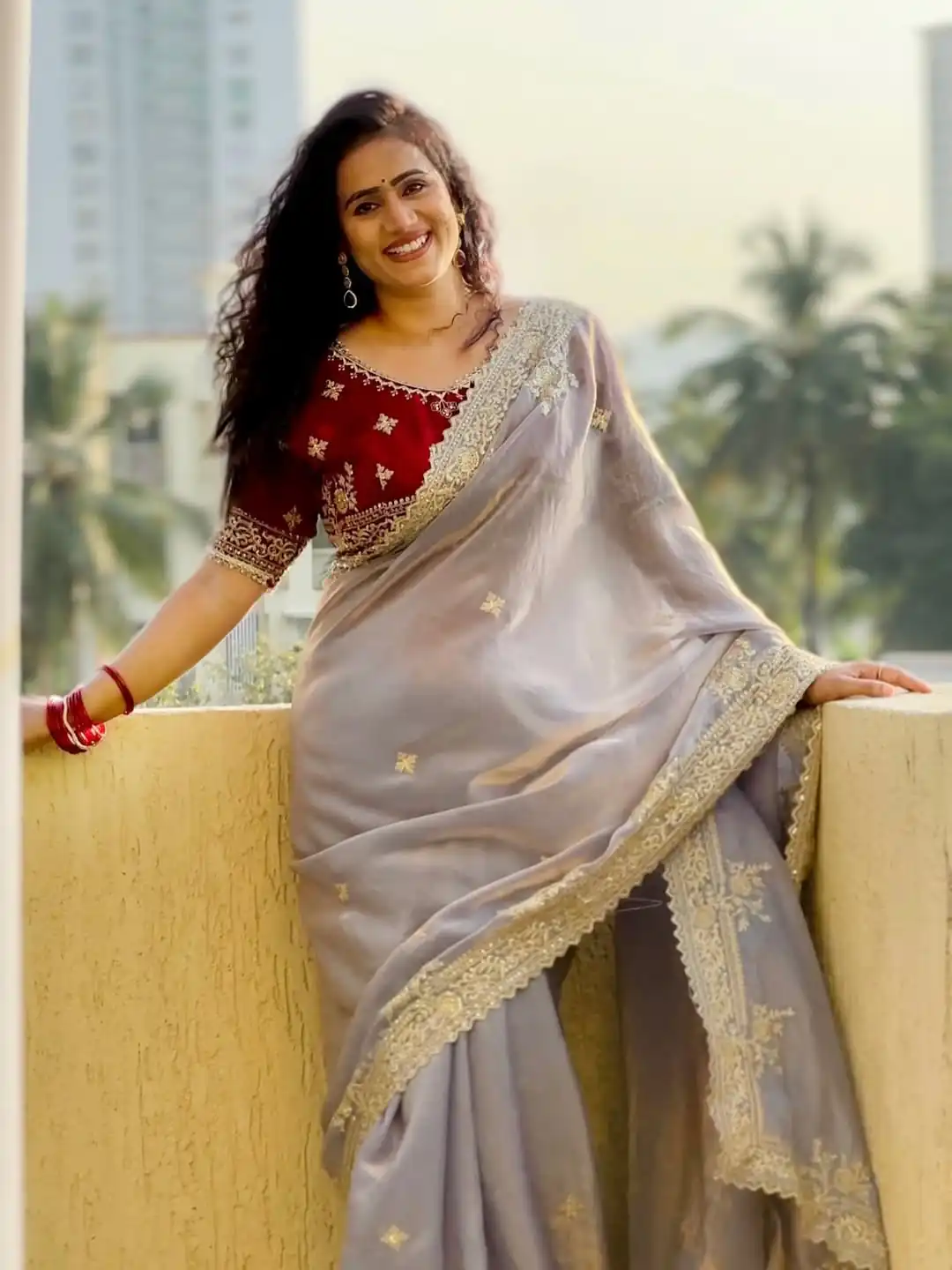 Elegant Lavender Fendy Satin Embroidery Work Saree - Image 6