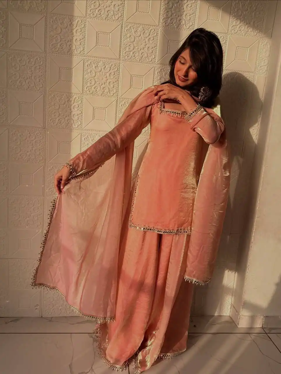Elegant Peach Fandy Silk Embroidery Work Salwar Suit - Image 4