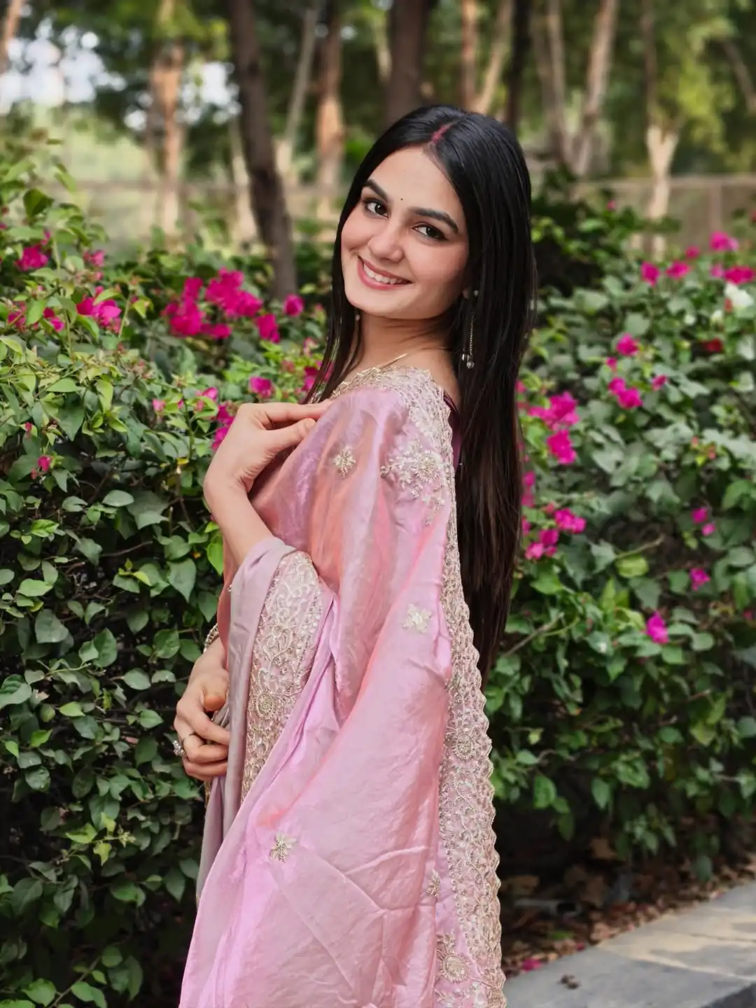 Elegant Pink Fendy Satin Embroidery Work Saree - Image 6