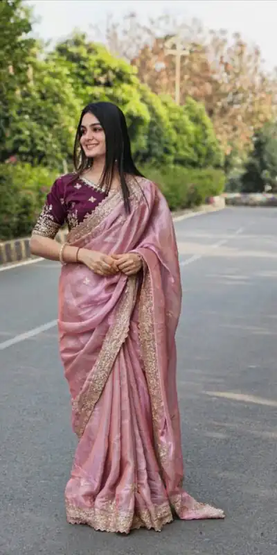 Alternative view of Elegant Pink Fendy Satin Embroidery Work Saree