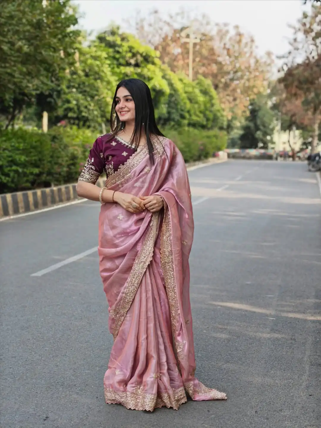 Elegant Pink Fendy Satin Embroidery Work Saree - Image 2