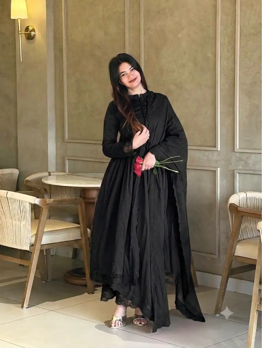 Fancy Black Roman Silk Embroidery Cut Work Gown - Image 2