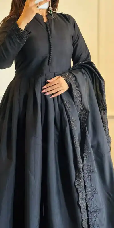 Fancy Black Roman Silk Embroidery Cut Work Gown