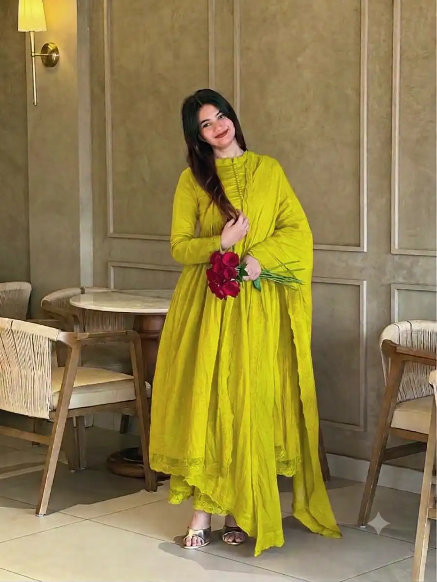 Fancy Lime Yellow Roman Silk Embroidery Cut Work Gown - Image 4
