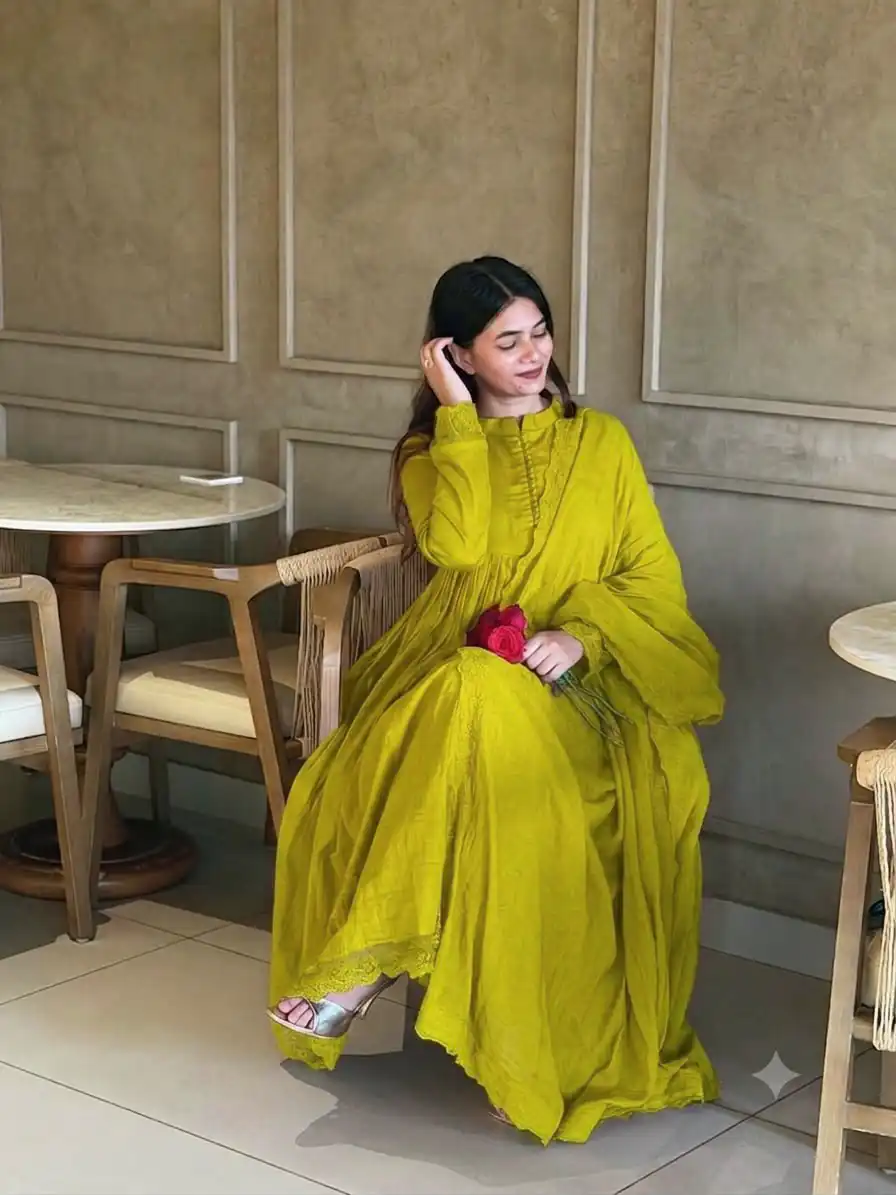Fancy Lime Yellow Roman Silk Embroidery Cut Work Gown - Image 3