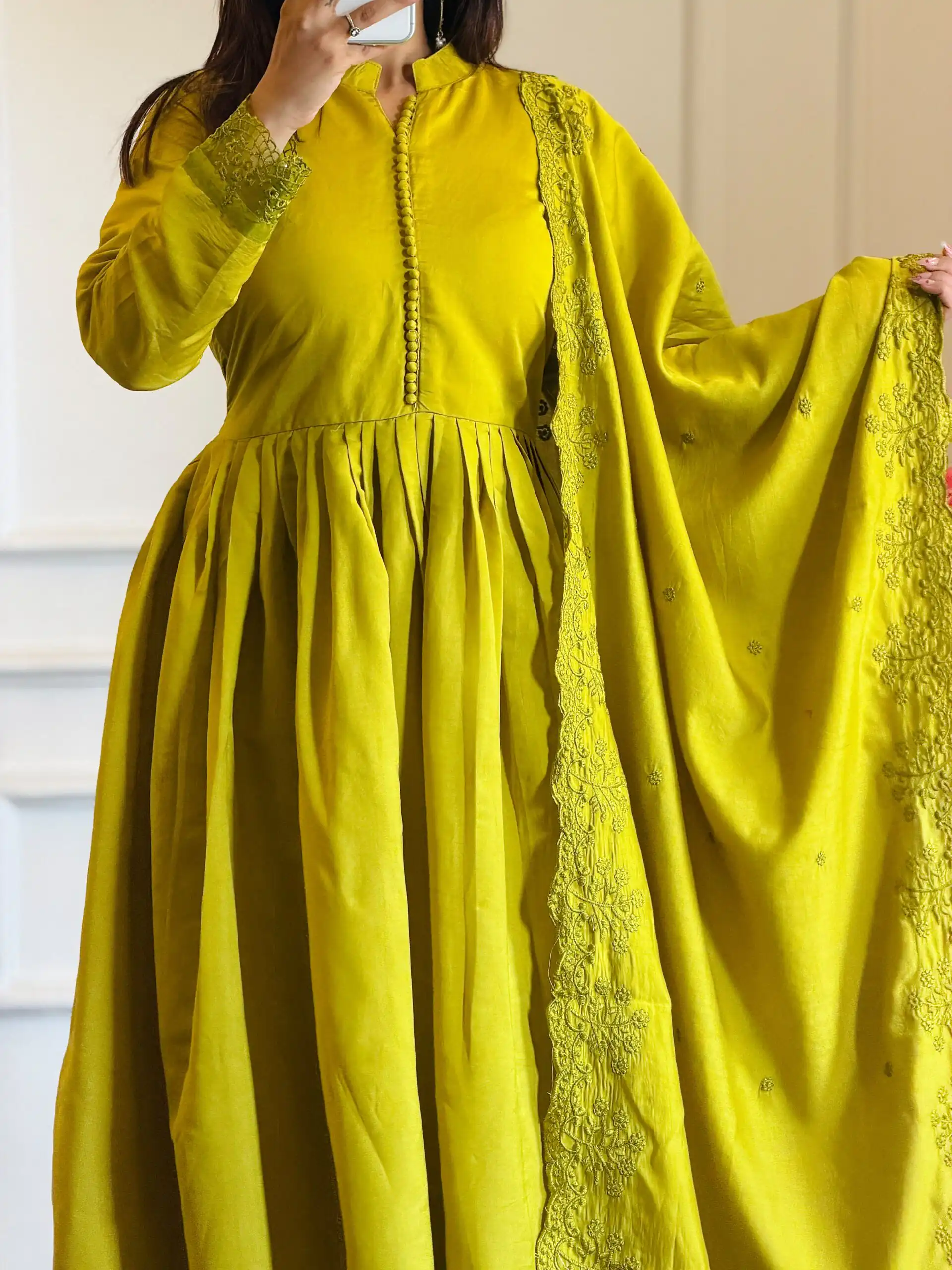 Fancy Lime Yellow Roman Silk Embroidery Cut Work Gown - Image 2