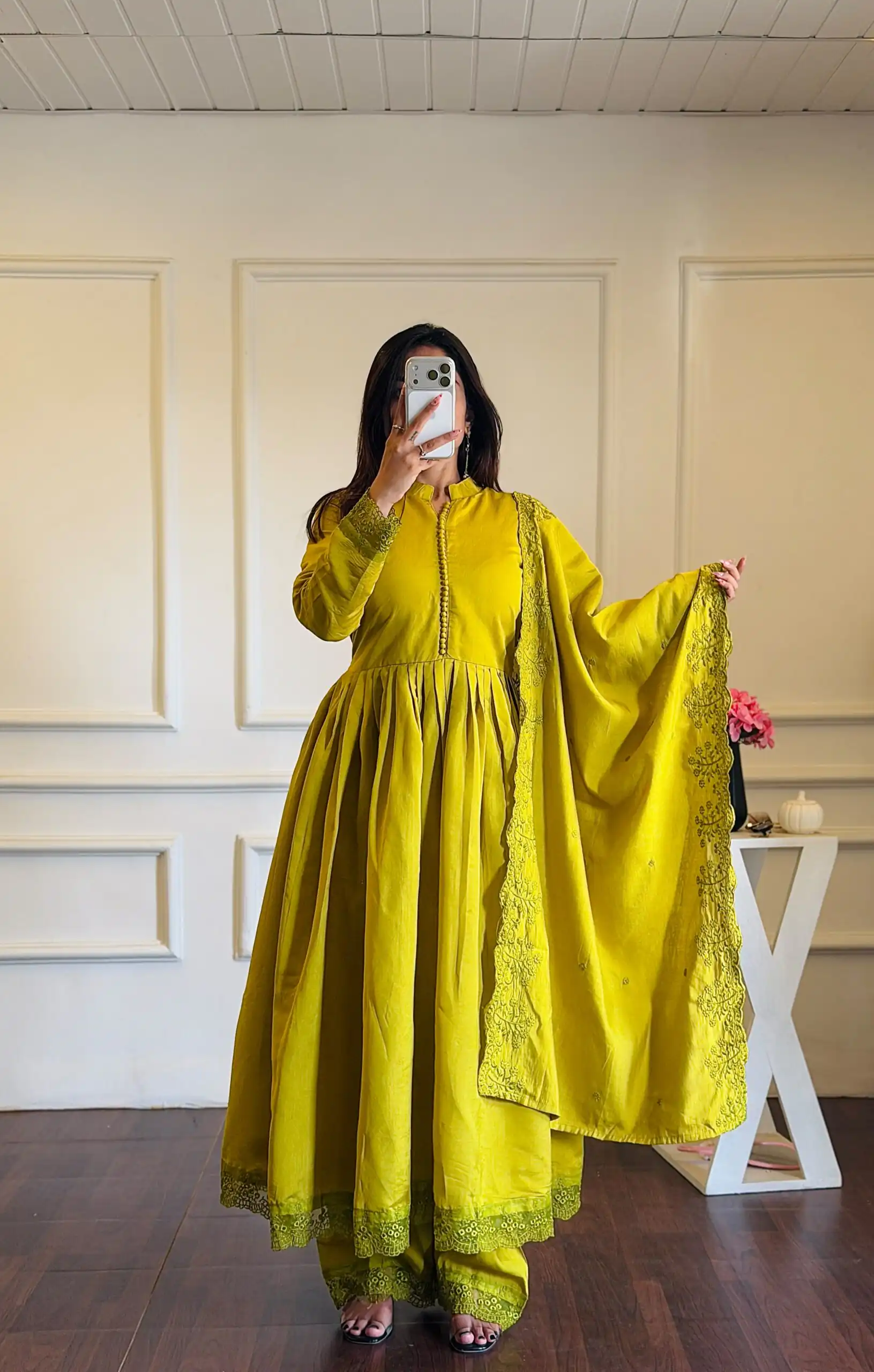 Fancy Lime Yellow Roman Silk Embroidery Cut Work Gown
