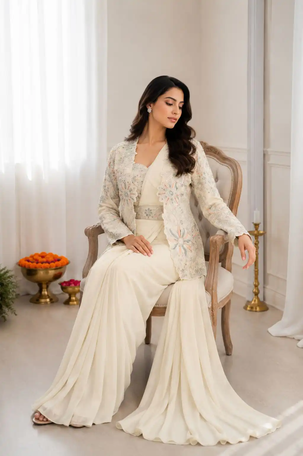 Fancy Off White Crap Silk Embroidery Work Saree - Image 4