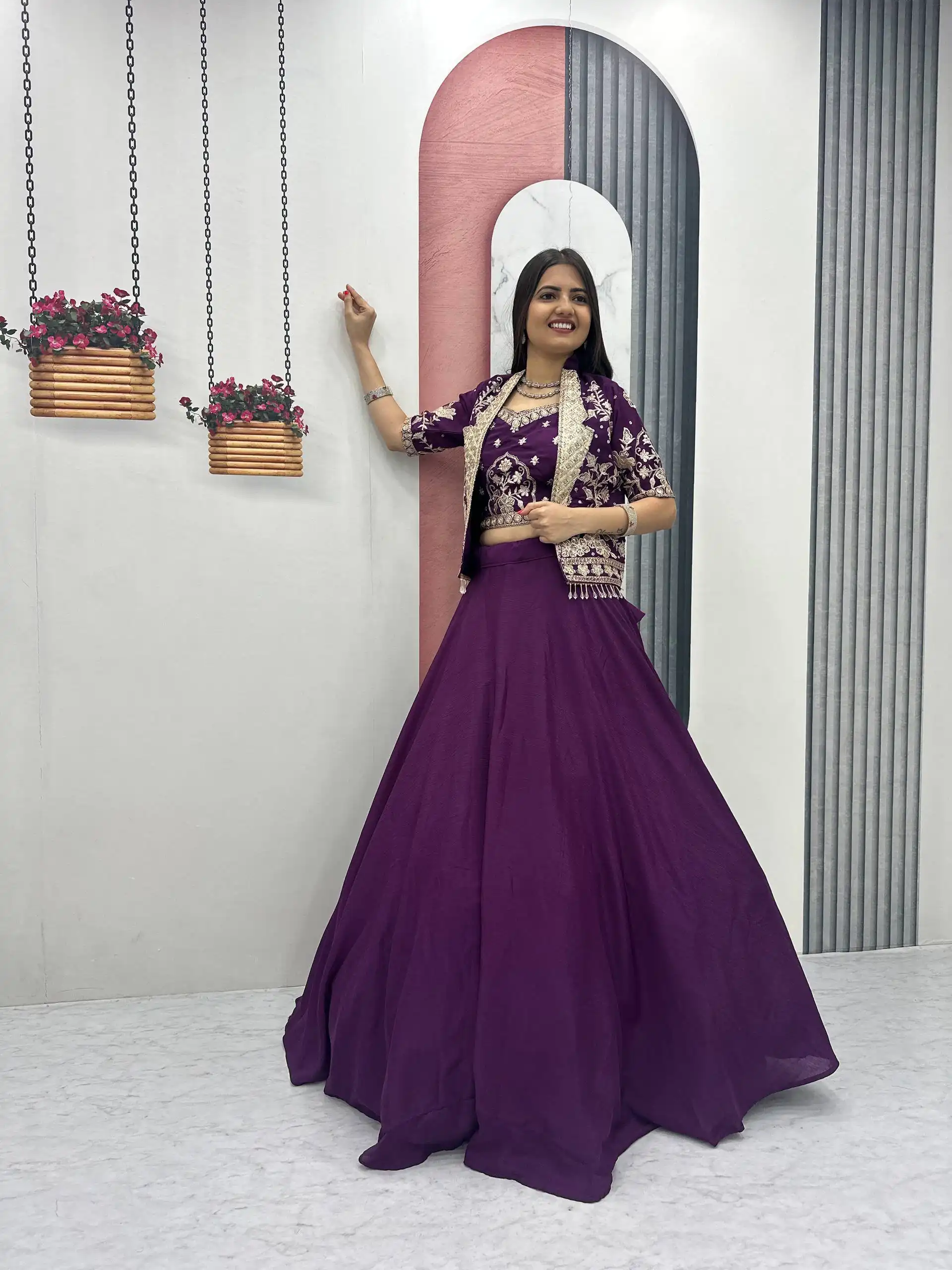 Fancy Purple Chinon Embroidery Work Lehenga Choli - Image 4