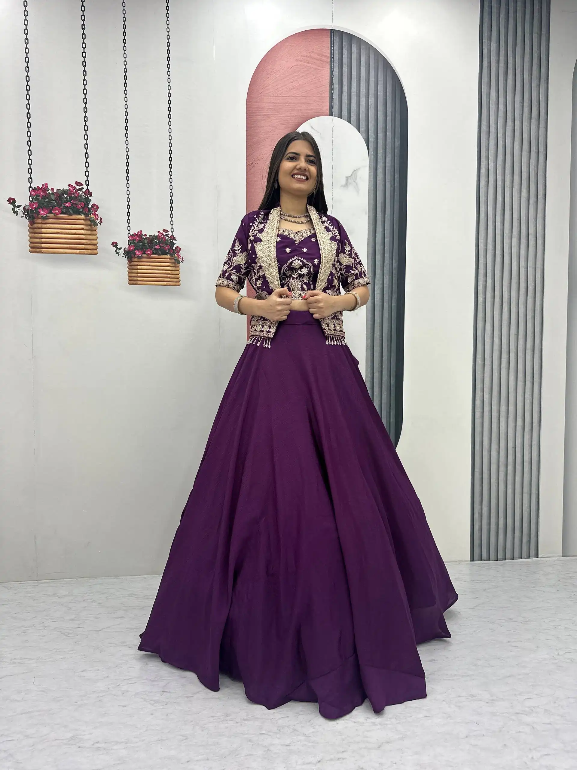Fancy Purple Chinon Embroidery Work Lehenga Choli - Image 3