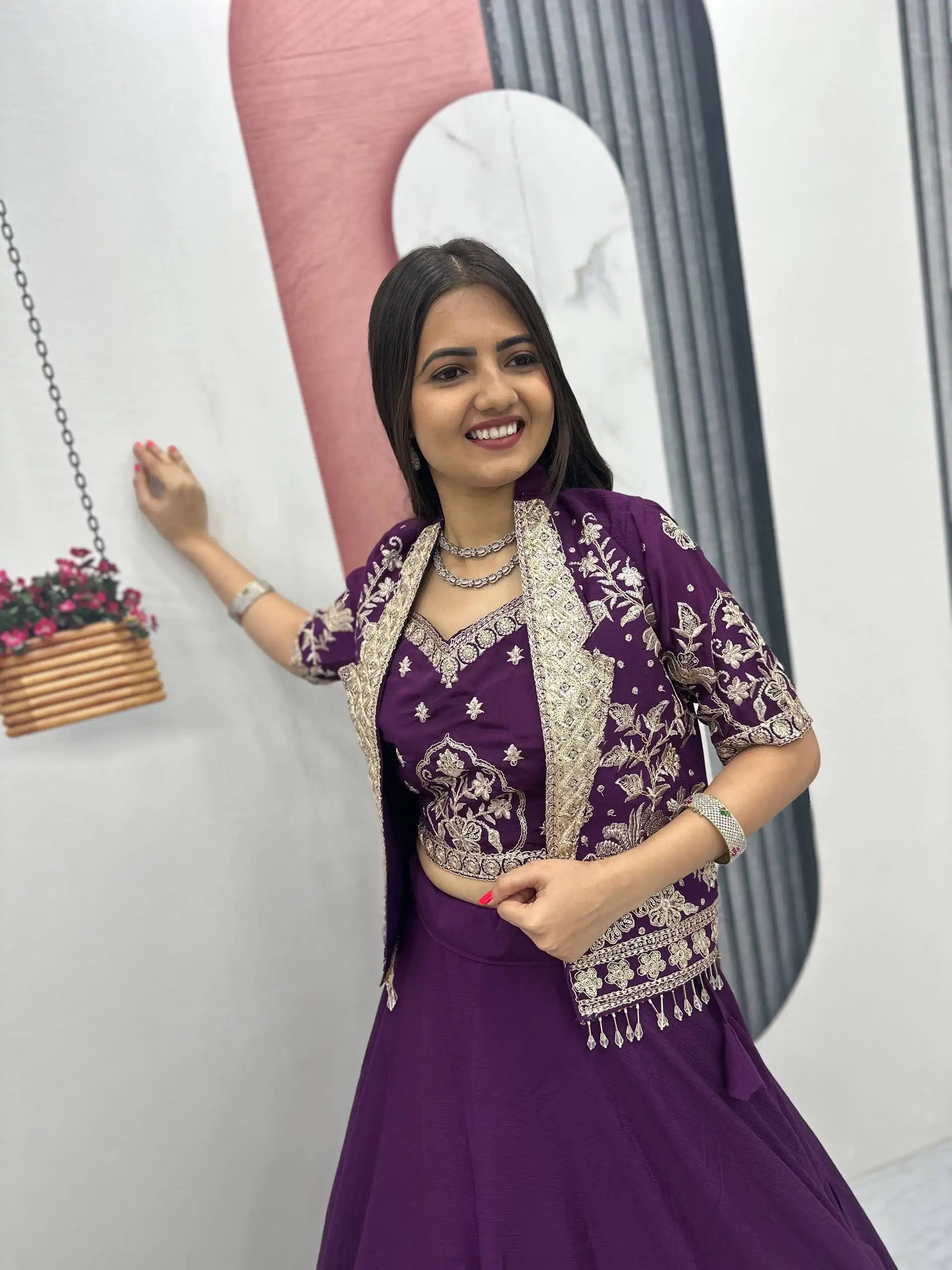 Fancy Purple Chinon Embroidery Work Lehenga Choli - Image 2