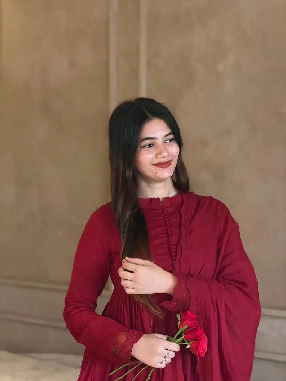 Fancy Red Roman Silk Embroidery Cut Work Gown - Image 2