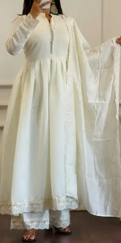 Alternative view of Fancy White Roman Silk Embroidery Cut Work Gown