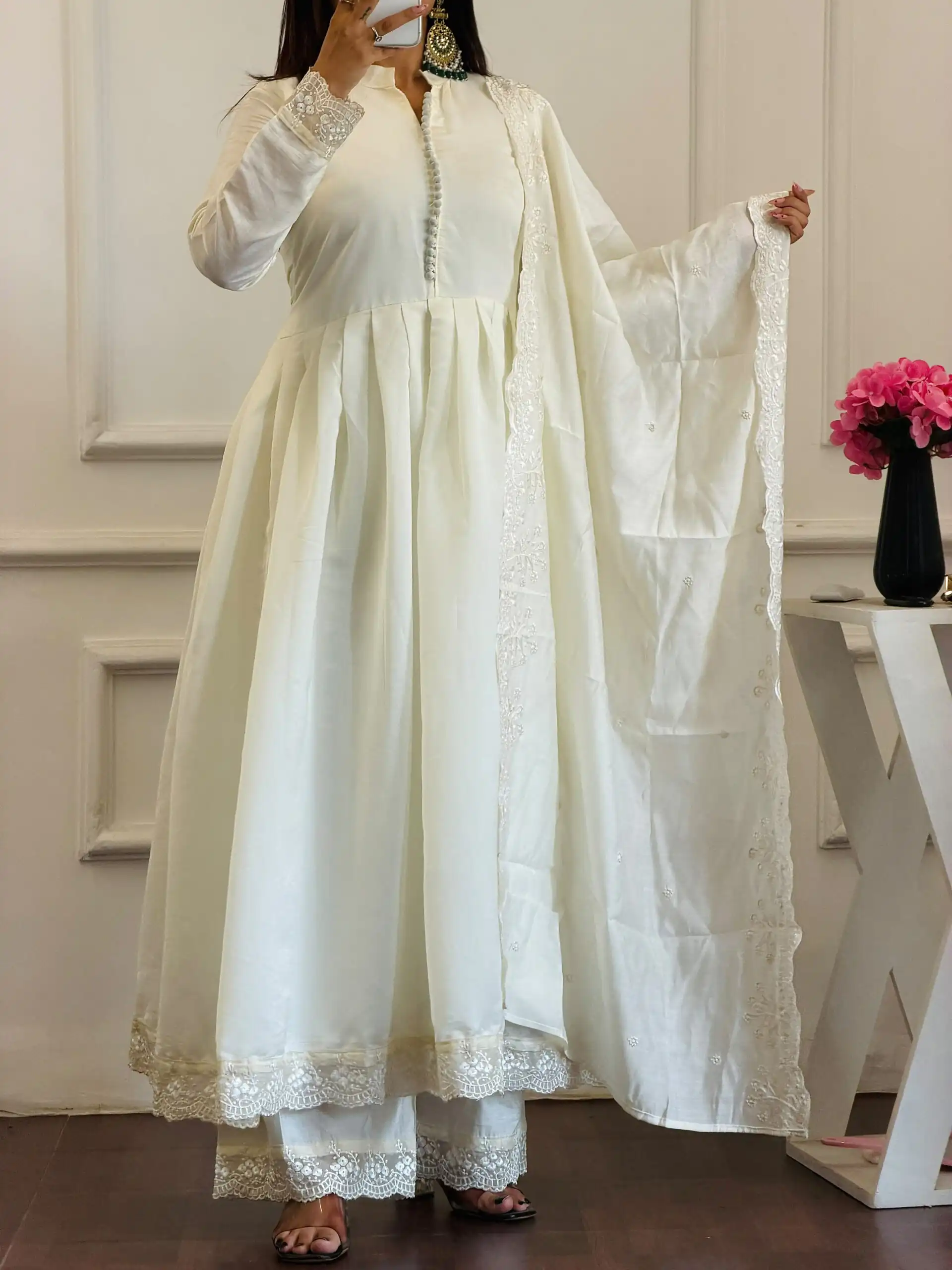 Fancy White Roman Silk  Embroidery Cut Work Gown - Image 2