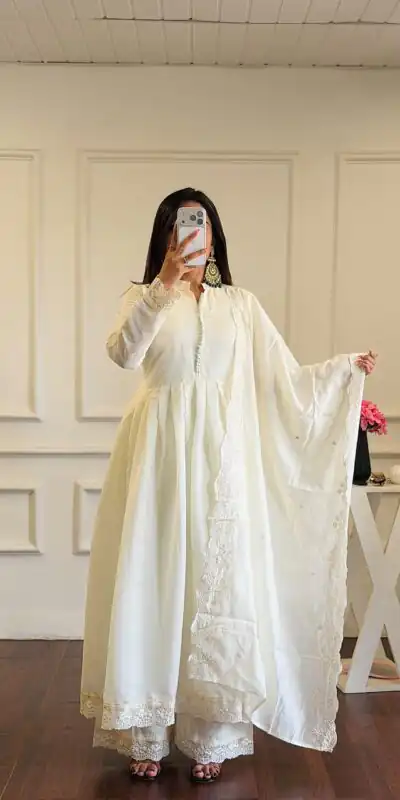 Fancy White Roman Silk Embroidery Cut Work Gown