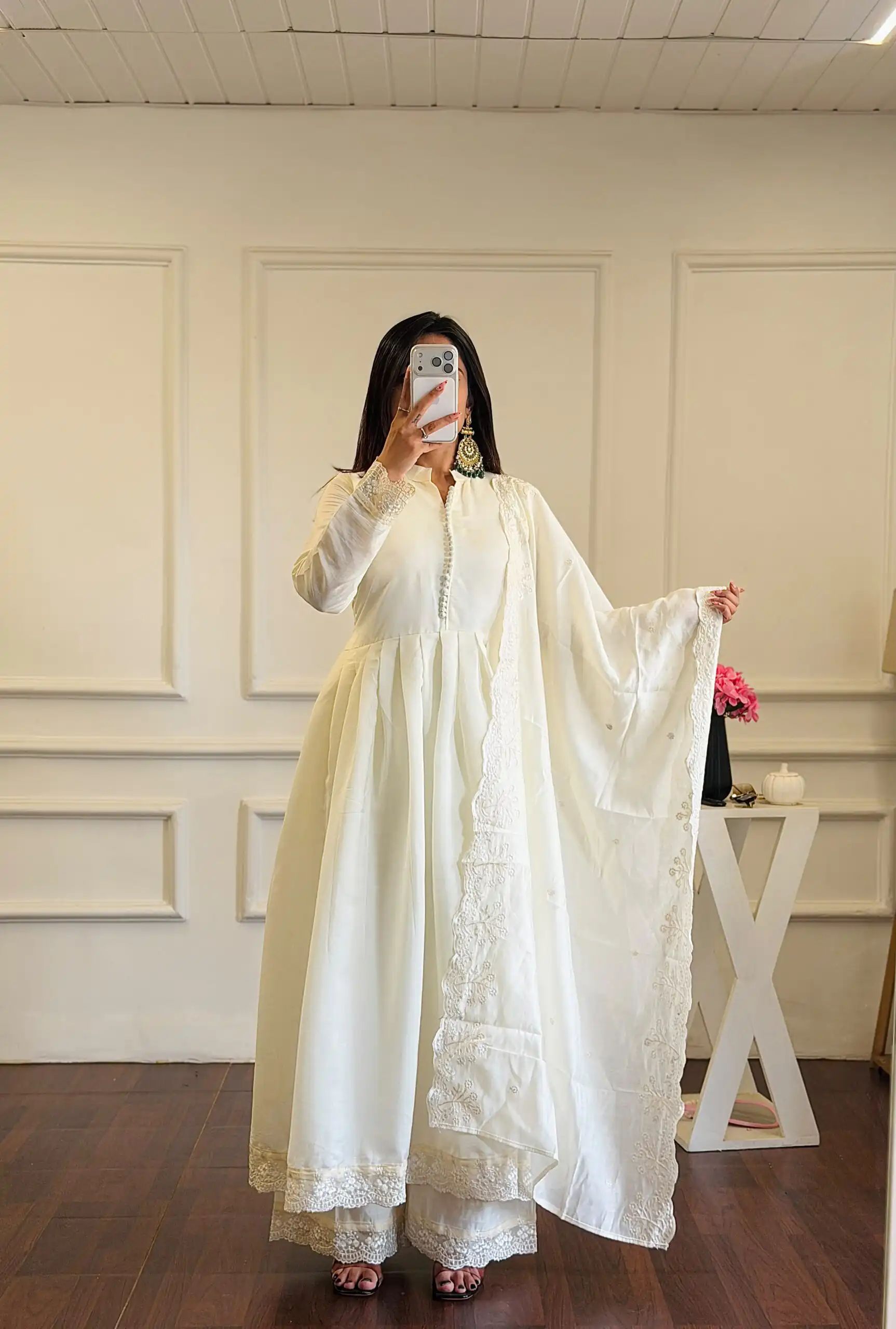 Fancy White Roman Silk  Embroidery Cut Work Gown