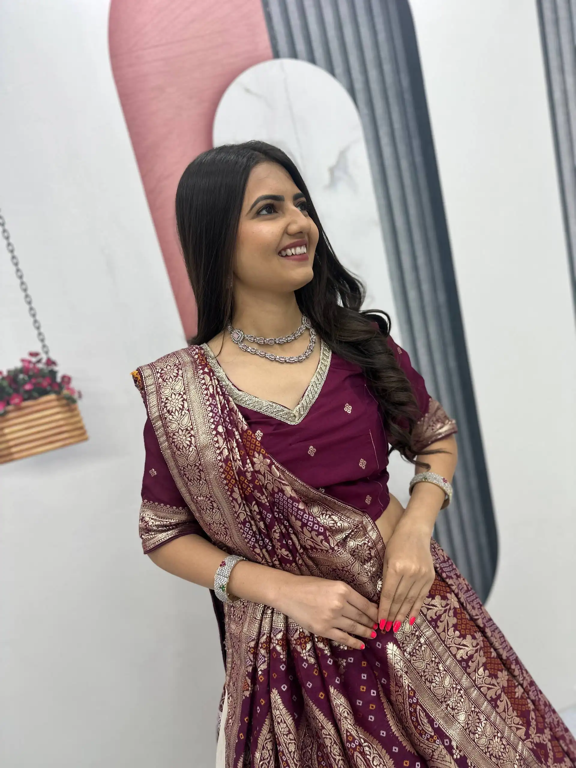 Fancy Wine Jacquard Silk Moti Work Lehenga Choli - Image 7