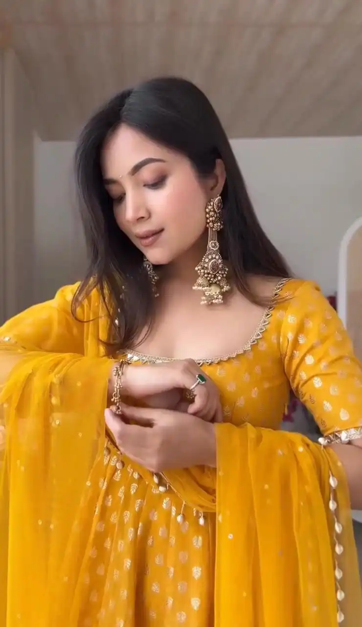 Fancy Yellow Chanderi Jacquard Butti Mirror Work Anarkali Suit - Image 8