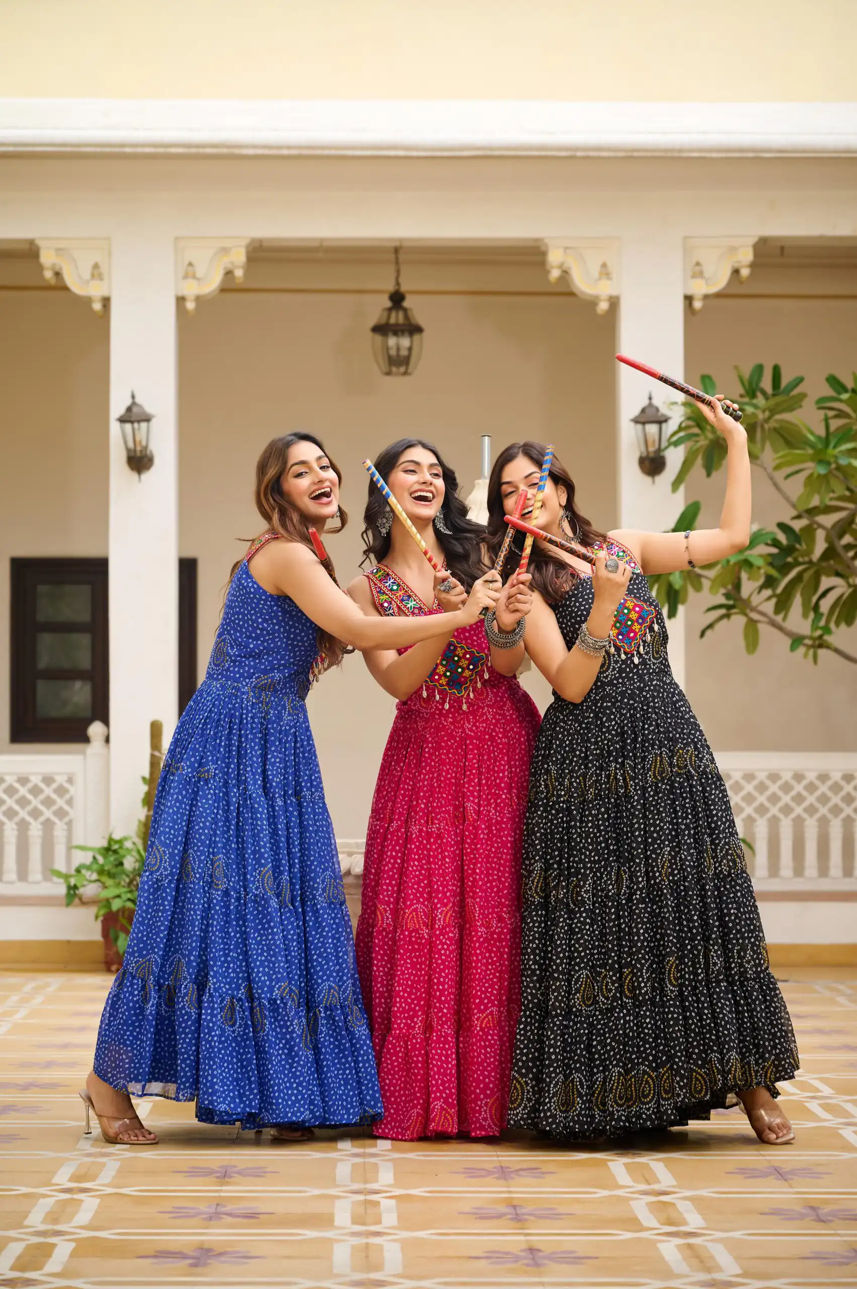 Graceful Blue Georgette Bandhni Print Mirror Work Gown - Image 4