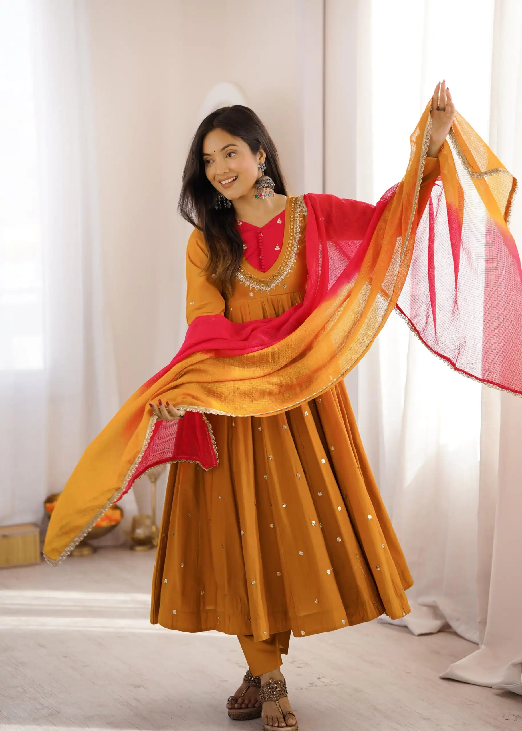 Lovely Mustered Roman Silk Mirror Embroidery Work Gown - Image 7