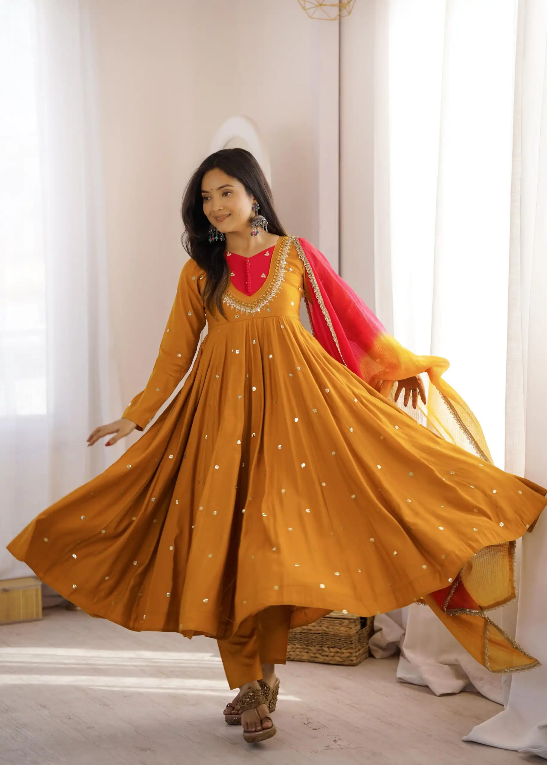 Lovely Mustered Roman Silk Mirror Embroidery Work Gown - Image 6