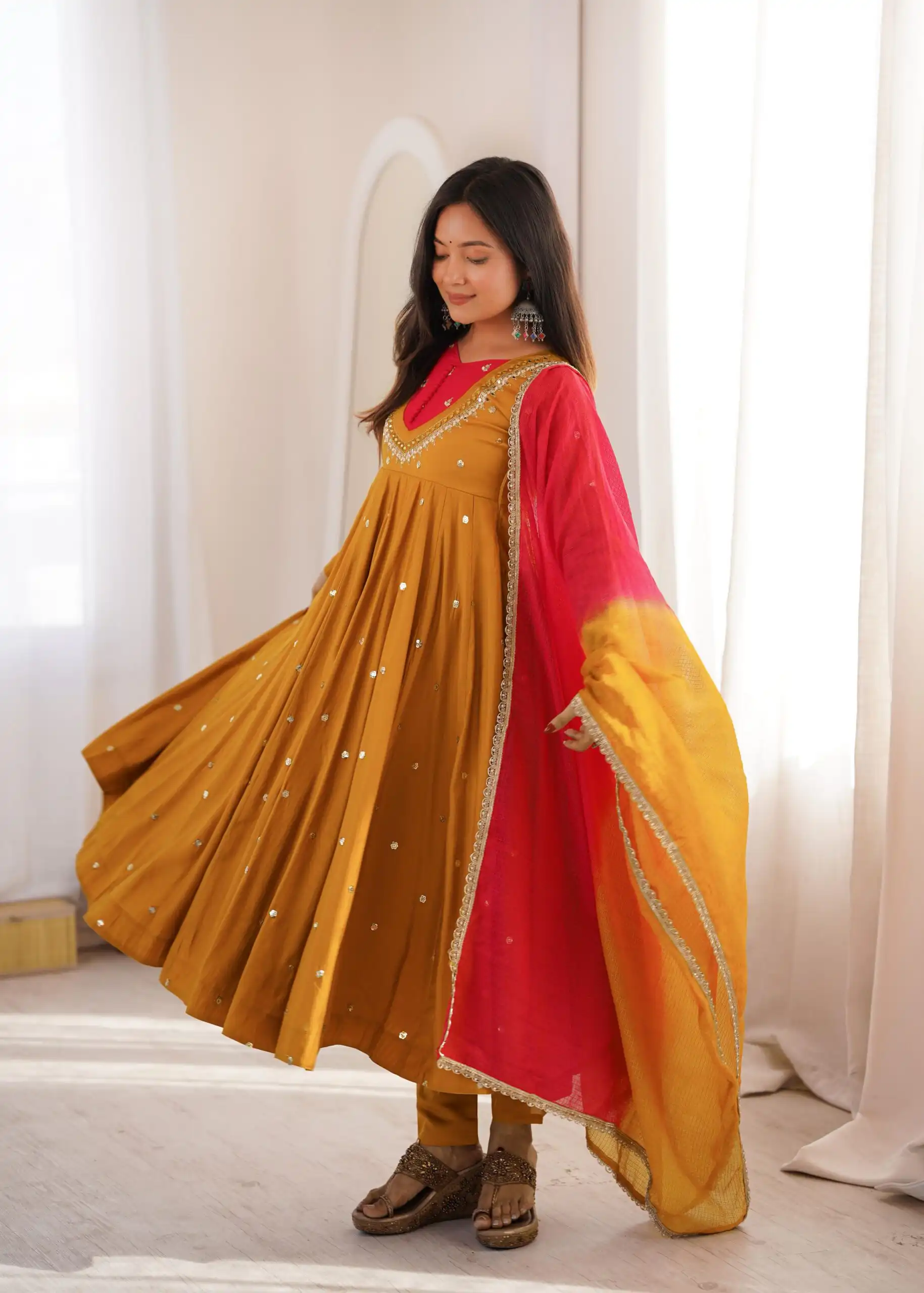 Lovely Mustered Roman Silk Mirror Embroidery Work Gown - Image 5