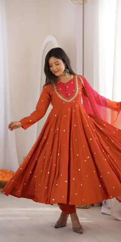 Alternative view of Lovely Rust Roman Silk Mirror Embroidery Work Gown