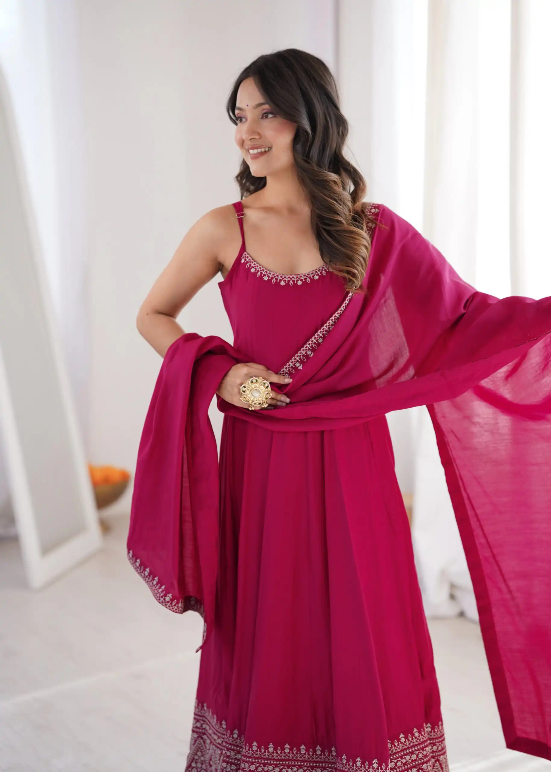 Nice Pink Roman Silk Chanderi Embroider Work Anarkali Suit - Image 7