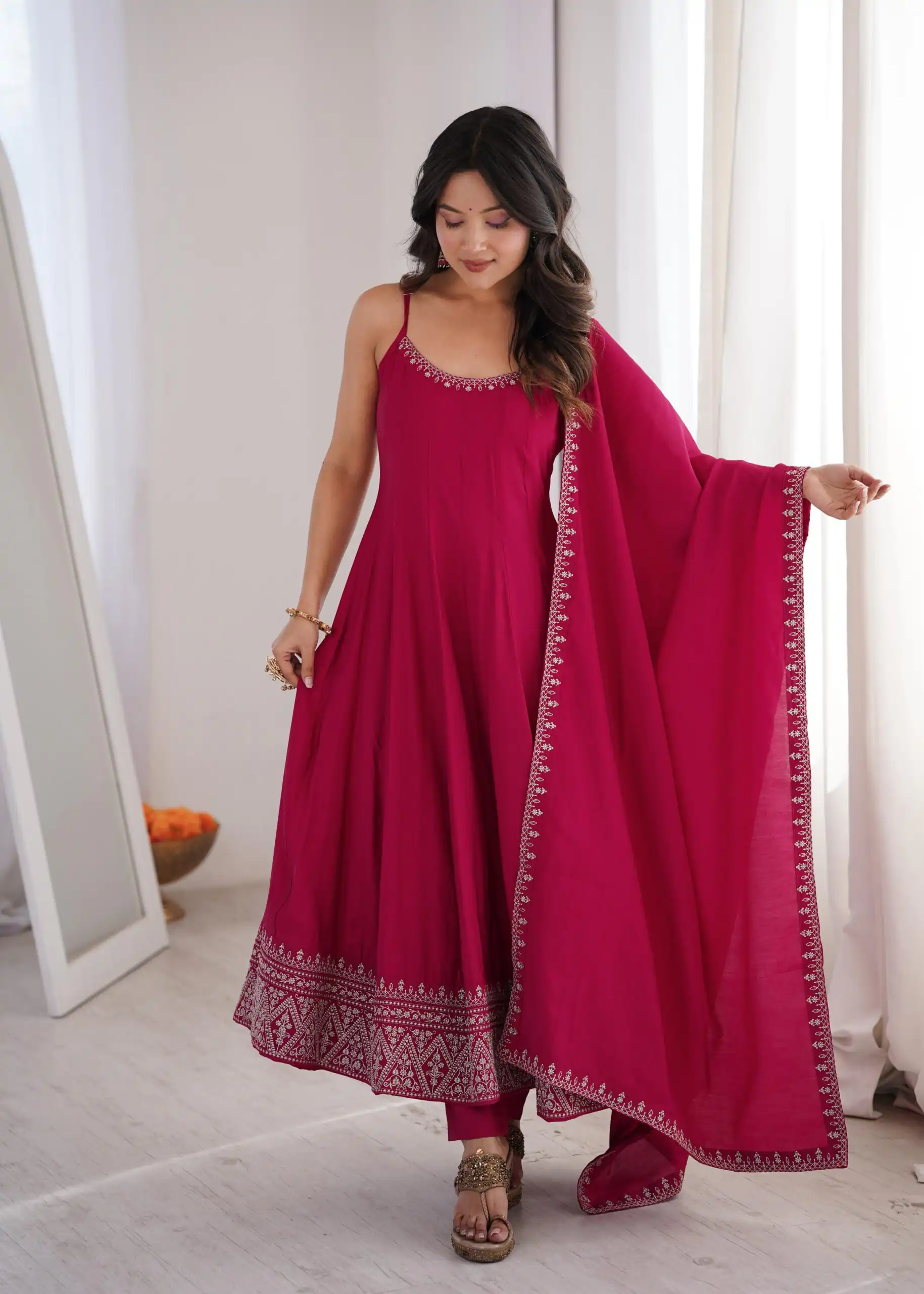 Nice Pink Roman Silk Chanderi Embroider Work Anarkali Suit - Image 6