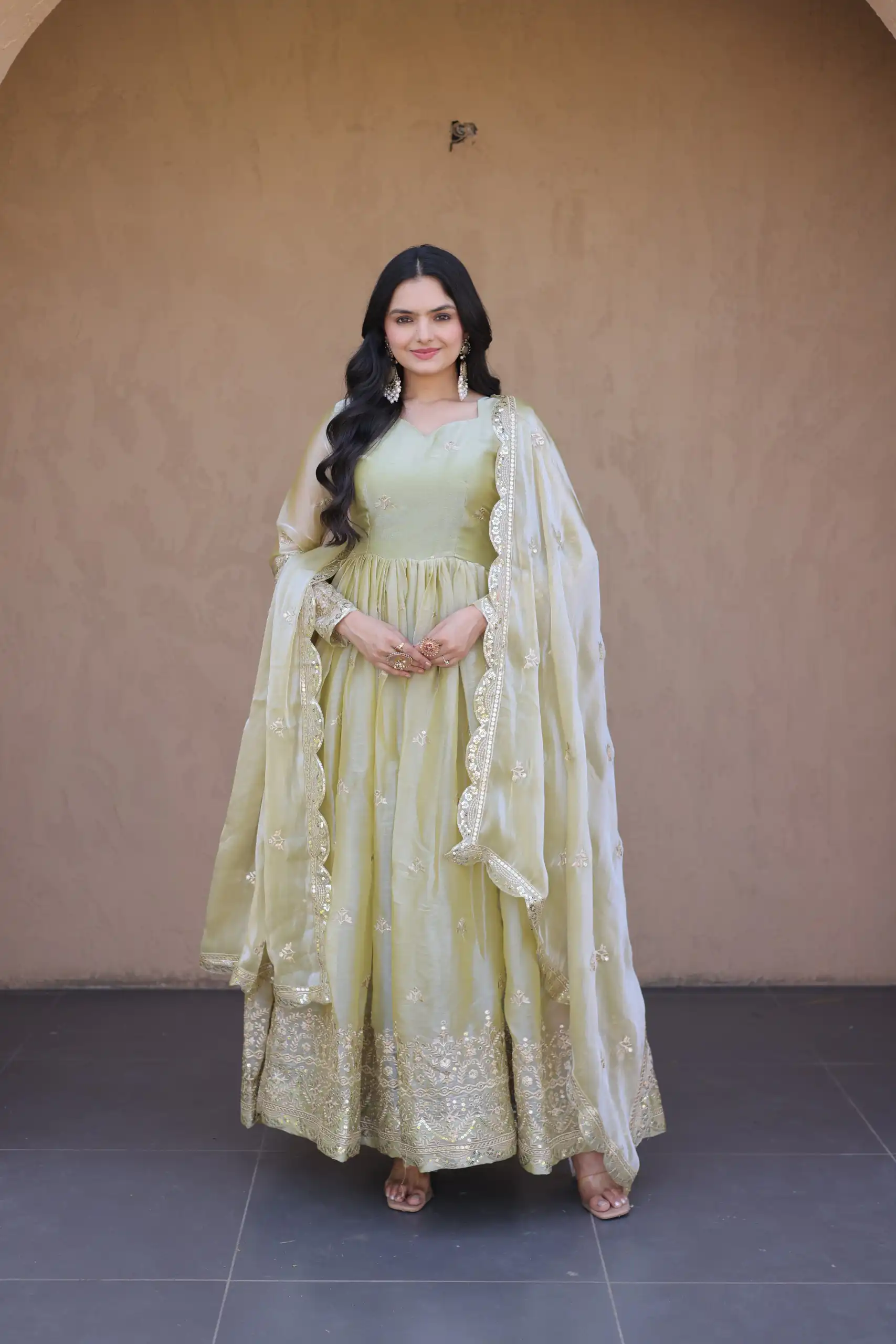 Perfect Light Pista Fendi Silk Embroidery Zari Work Gown - Image 3