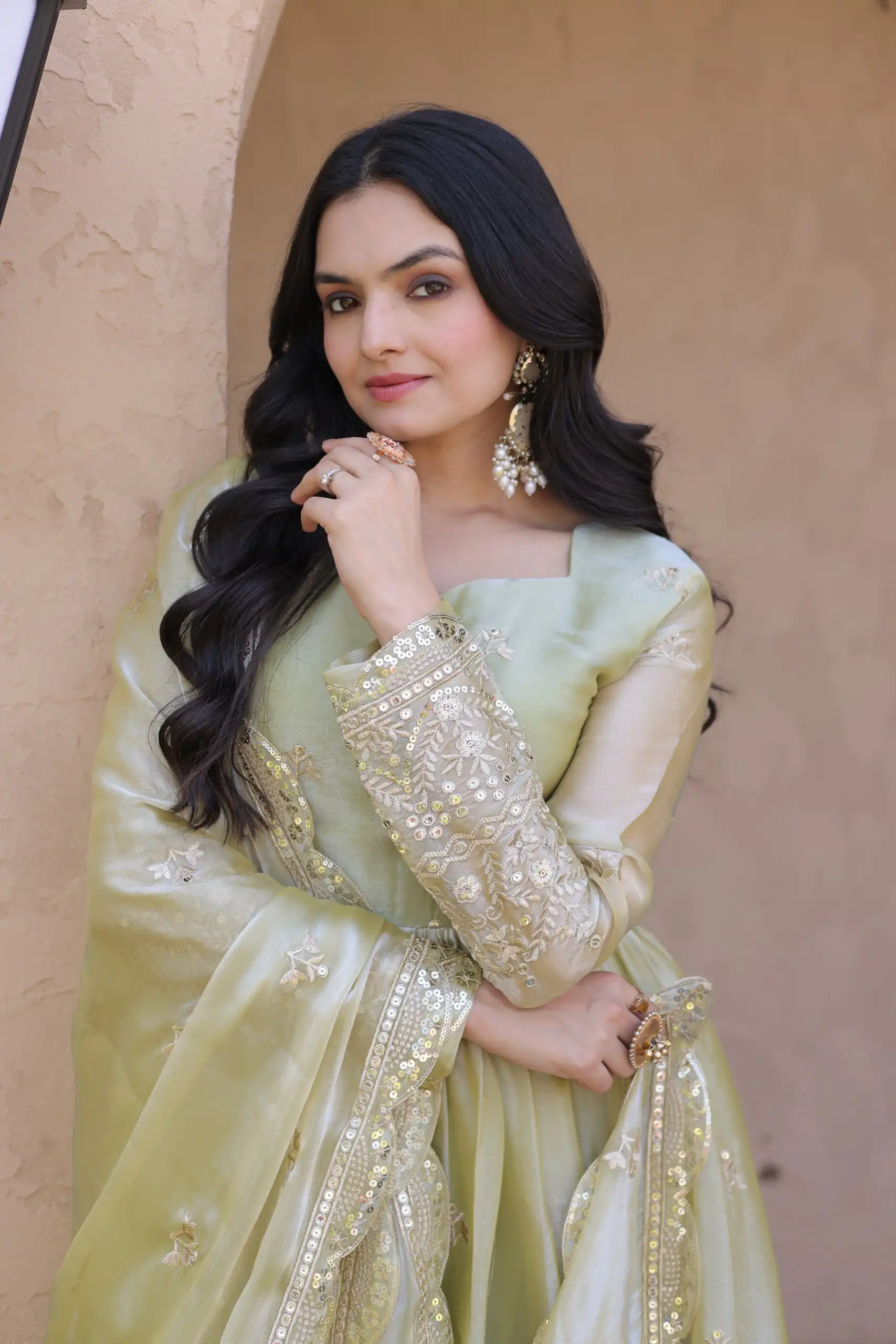 Perfect Light Pista Fendi Silk Embroidery Zari Work Gown - Image 2