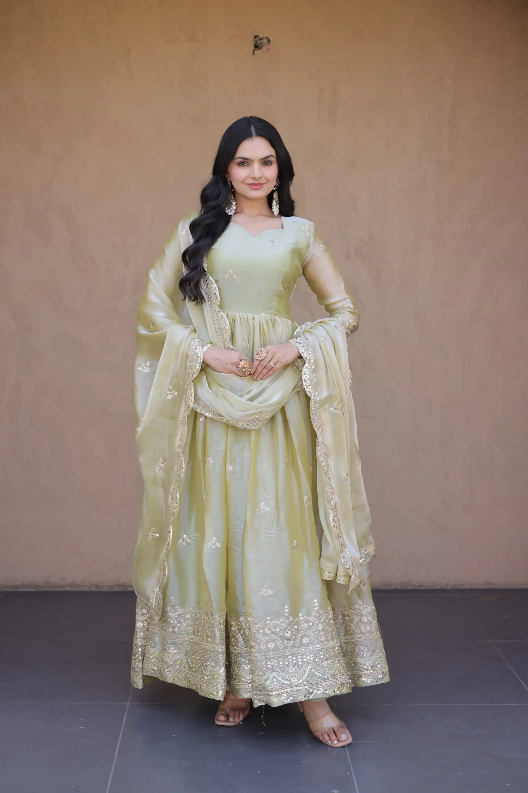 Perfect Light Pista Fendi Silk Embroidery Zari Work Gown
