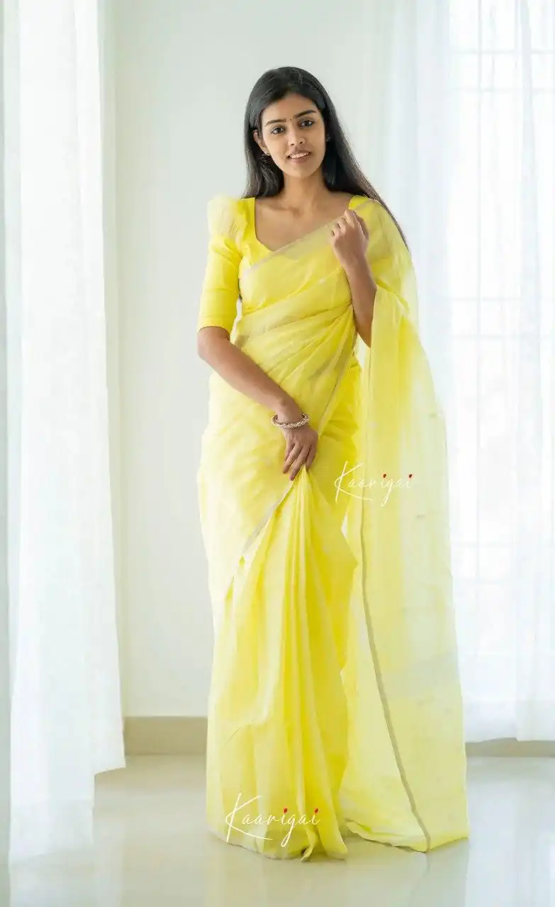 Perfect Lime Yellow Soft Lilan Slab Weaving Work Saree - Image 2